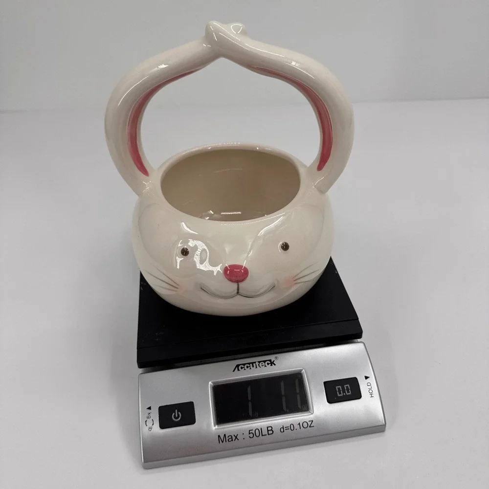 Blooming Blooms Ceramic Easter Bunny Basket Figural Rabbit Candy Dish White Pink